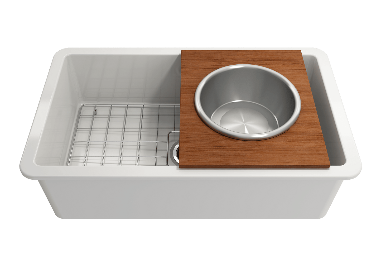 BOCCHI Prep Board Set for Workstation Sinks - Round SS Mixing Bowl & Colander - 2320 0015 in kitchen sink setup