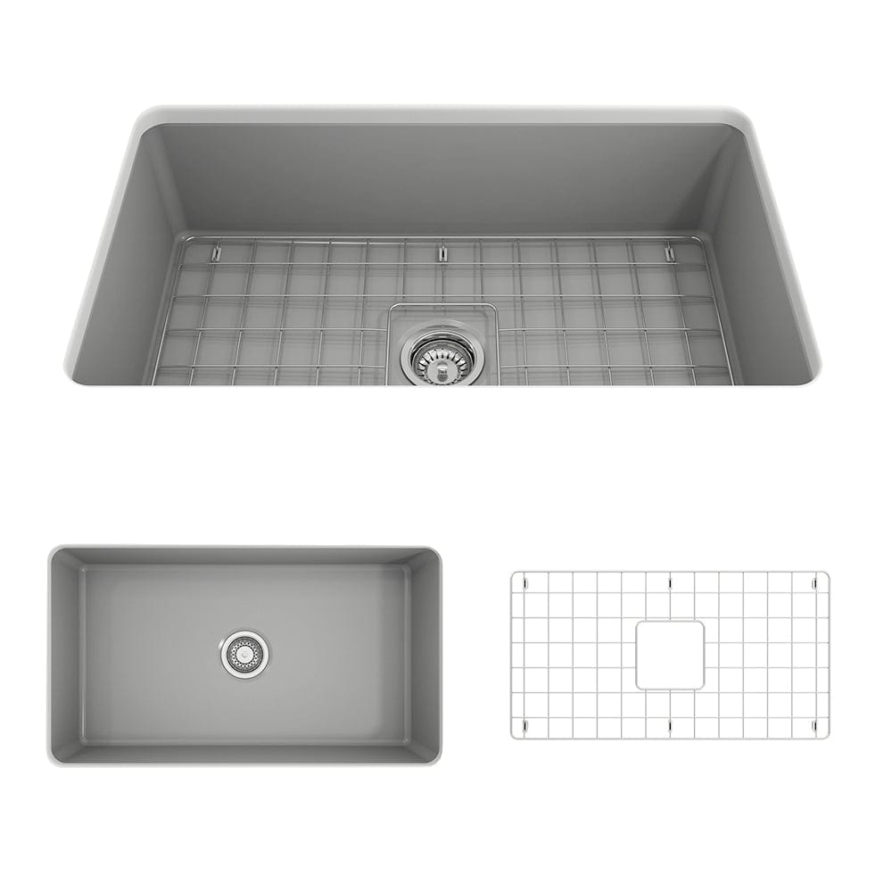 BOCCHI SOTTO 32" Fireclay Modern Undermount Single Bowl Kitchen Sink with Protective Bottom Grid and Strainer in Matte Gray top view