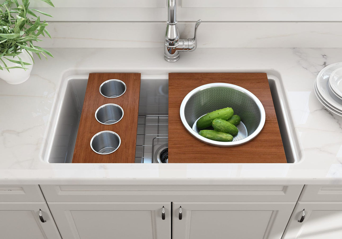 BOCCHI Prep Board Set for Workstation Sinks with 3 Round Stainless Steel Bowls 2320 0011 displayed in a modern kitchen.