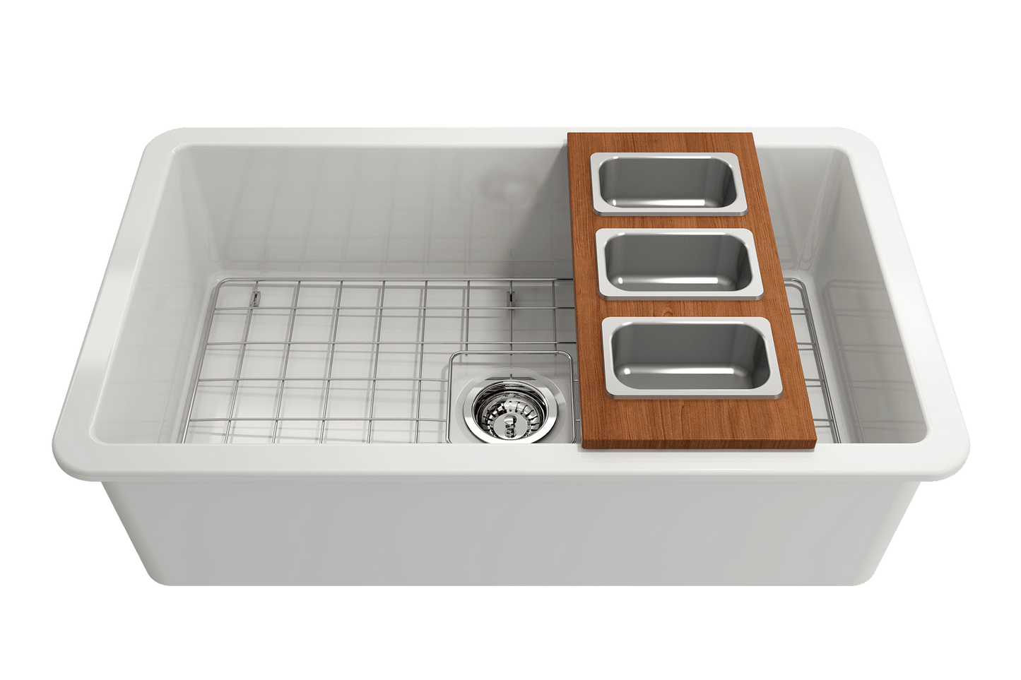 Bocchi Wood Board for Workstation Sinks - with 3 Rectangular Stainless Steel Bowls - 2320 0013 displayed on a sink.