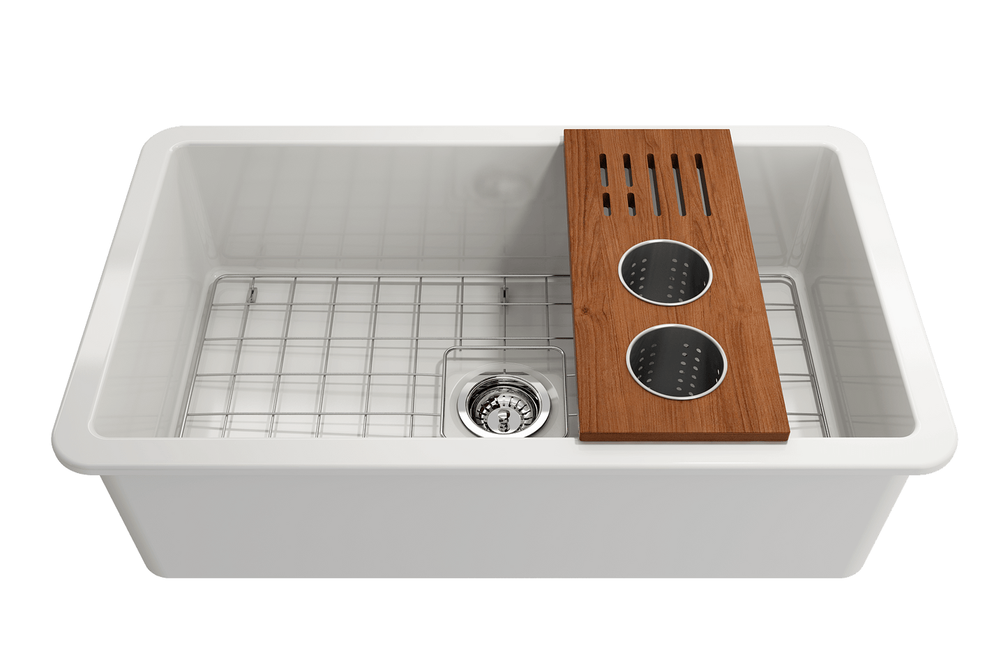 BOCCHI Workstation Prep Board Set - 2 Round Stainless Steel Colanders & Knife Holder 2320 0009 white sink with wood cover