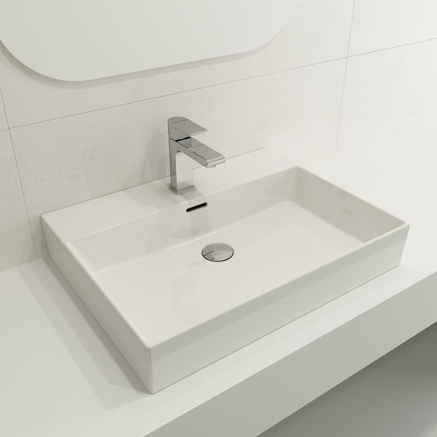 BOCCHI MILANO 24" Wall-Mounted Sink Fireclay 1-Hole With Overflow on a modern bathroom countertop.