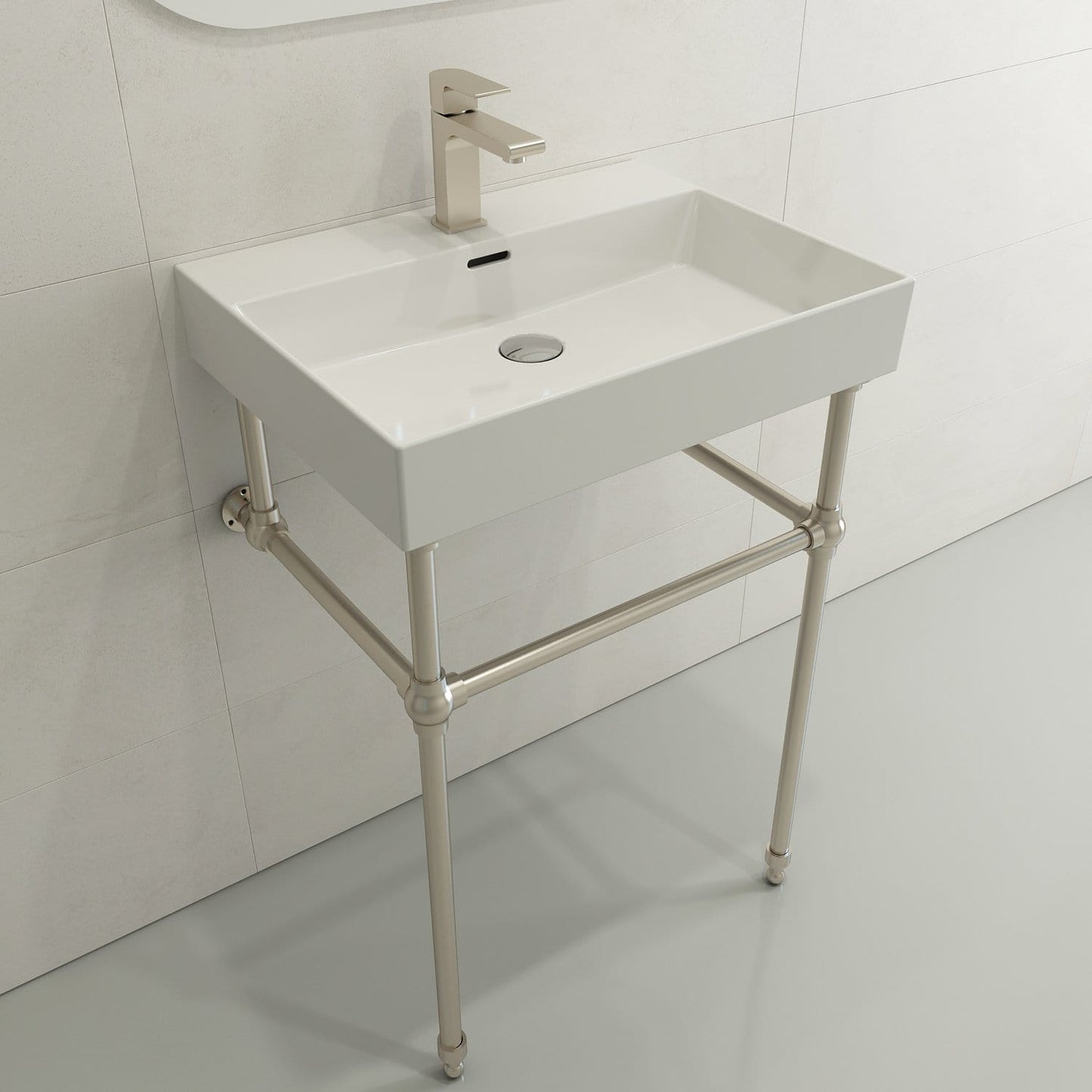 BOCCHI MILANO 24" Wall-Mounted Sink Fireclay 1-Hole With Overflow elegantly displayed in a modern bathroom setting.