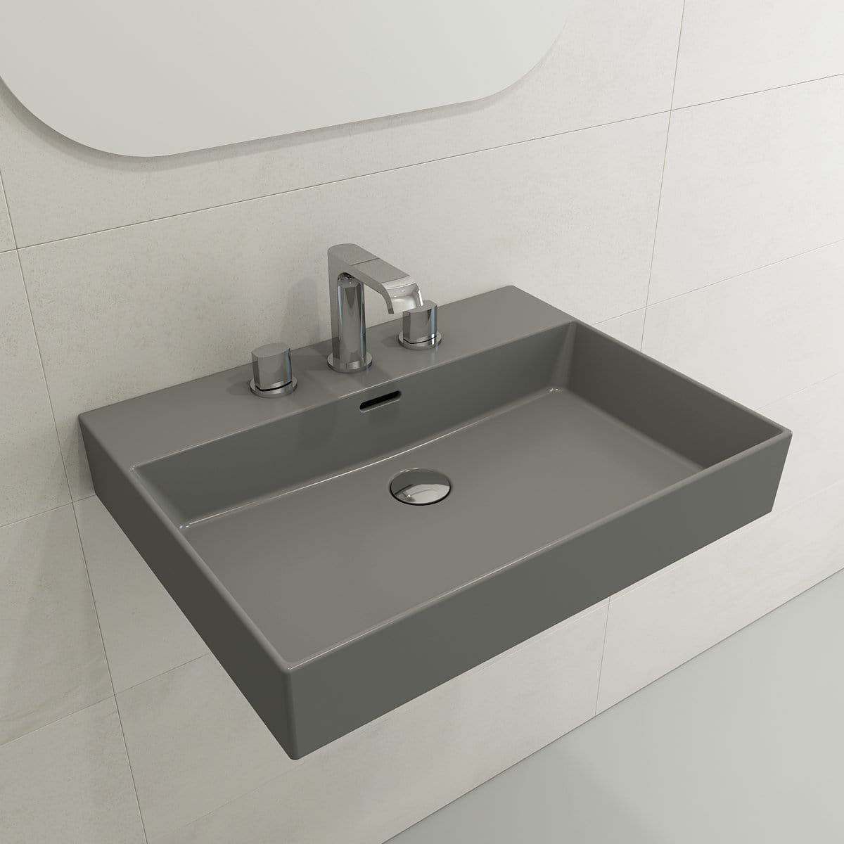 BOCCHI MILANO 24" Wall-Mounted Sink Fireclay 3-Hole With Overflow in sleek gray finish, ideal for modern bathrooms.