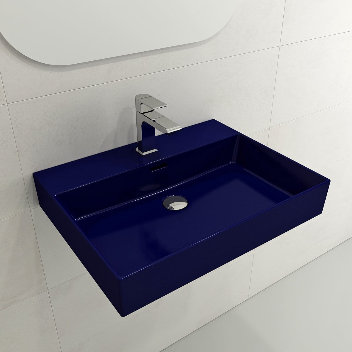 BOCCHI MILANO 24" Wall-Mounted Sink Fireclay 1-Hole With Overflow in deep blue finish and modern faucet design.