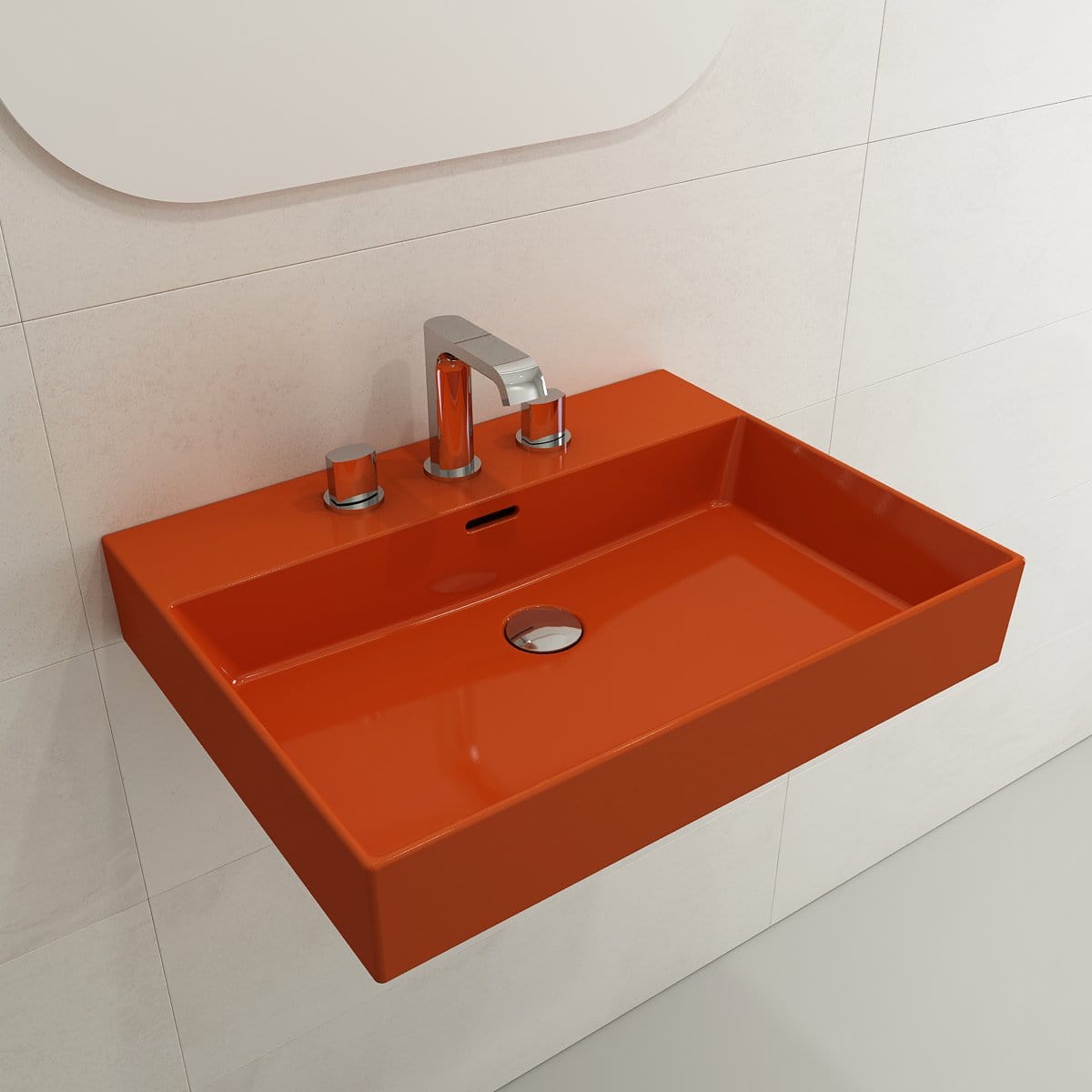 BOCCHI MILANO 24" Wall-Mounted Sink Fireclay 3-Hole With Overflow in vibrant orange finish.