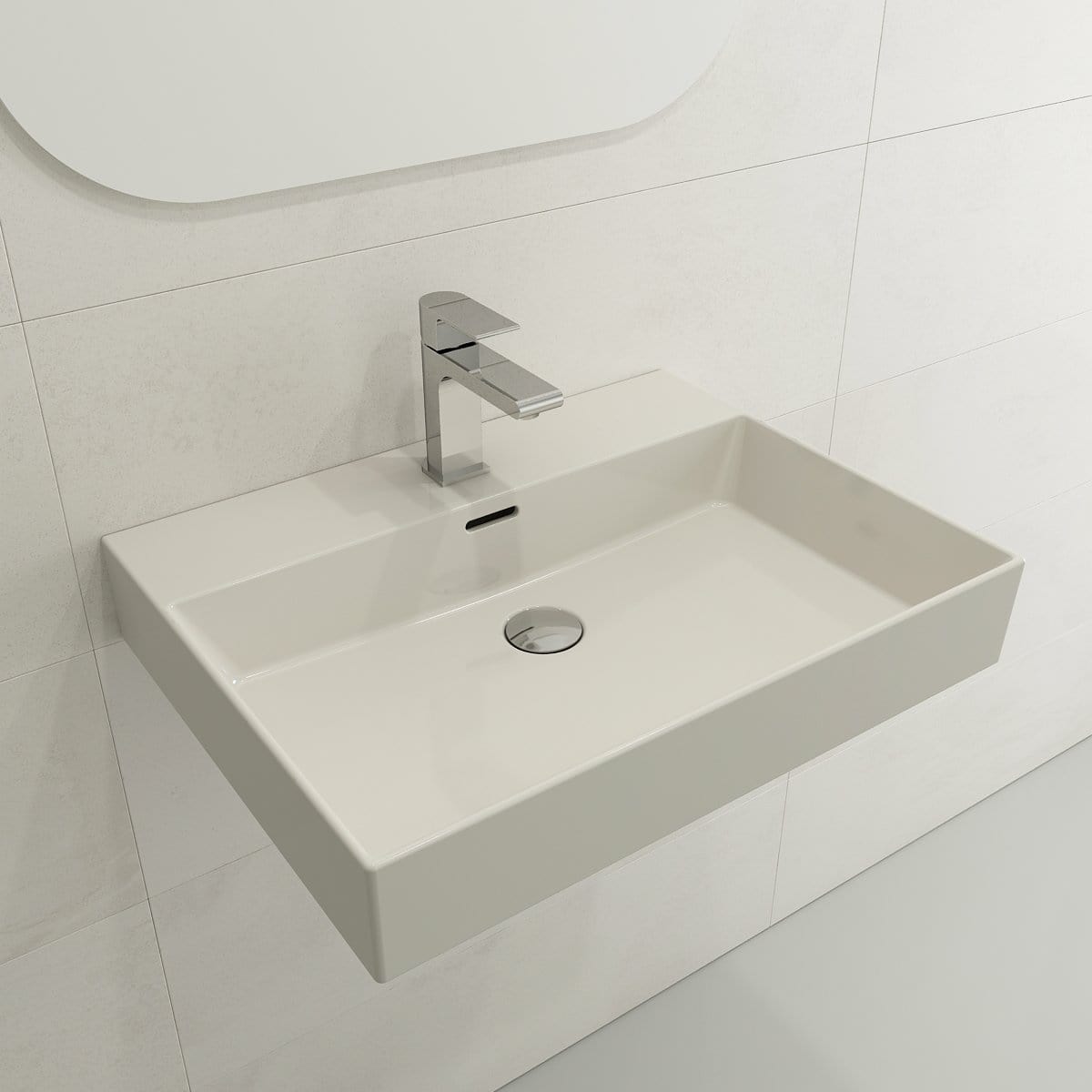 BOCCHI MILANO 24" Wall-Mounted Sink Fireclay 1-Hole With Overflow displayed in a modern bathroom.