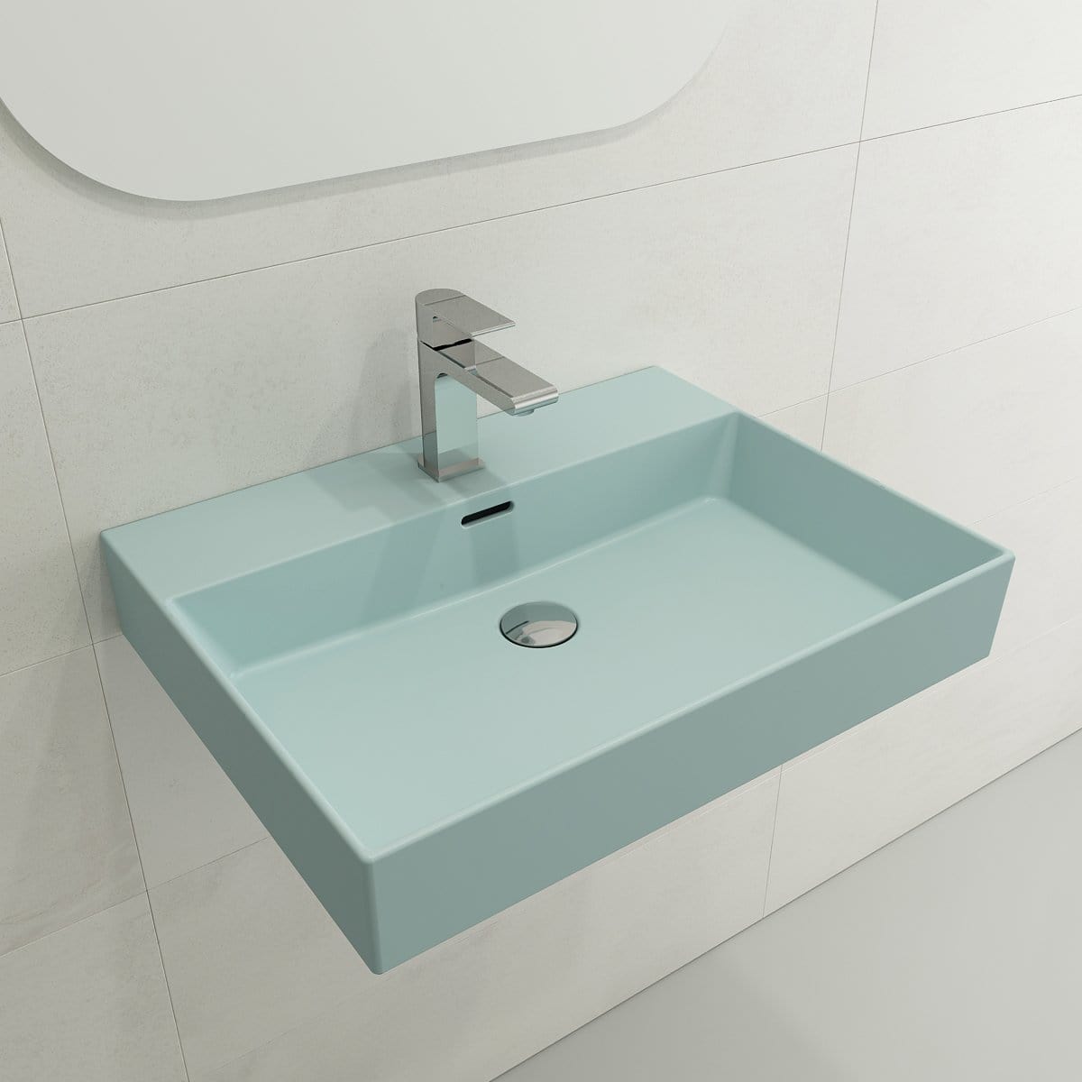 BOCCHI MILANO 24" Wall-Mounted Sink Fireclay 1-Hole With Overflow in sleek turquoise design.