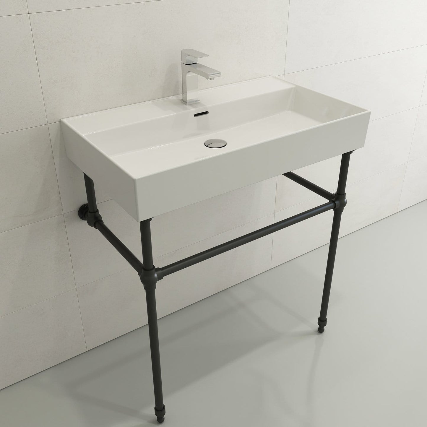 BOCCHI MILANO 32" Wall-Mounted Sink Fireclay 1-Hole With Overflow on a modern bathroom stand.