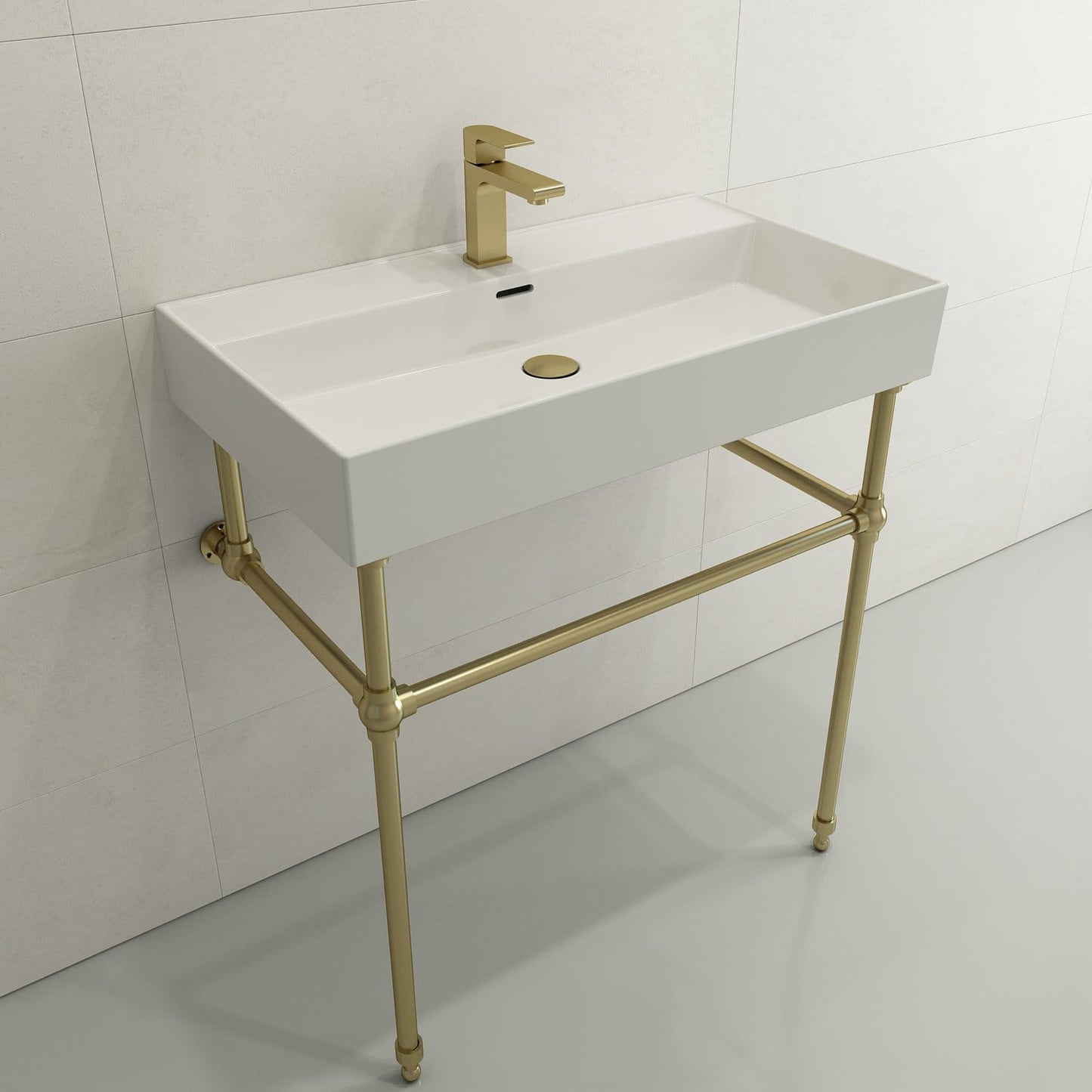 BOCCHI MILANO 32" Wall-Mounted Sink Fireclay 1-Hole With Overflow stylishly displayed in a modern bathroom.