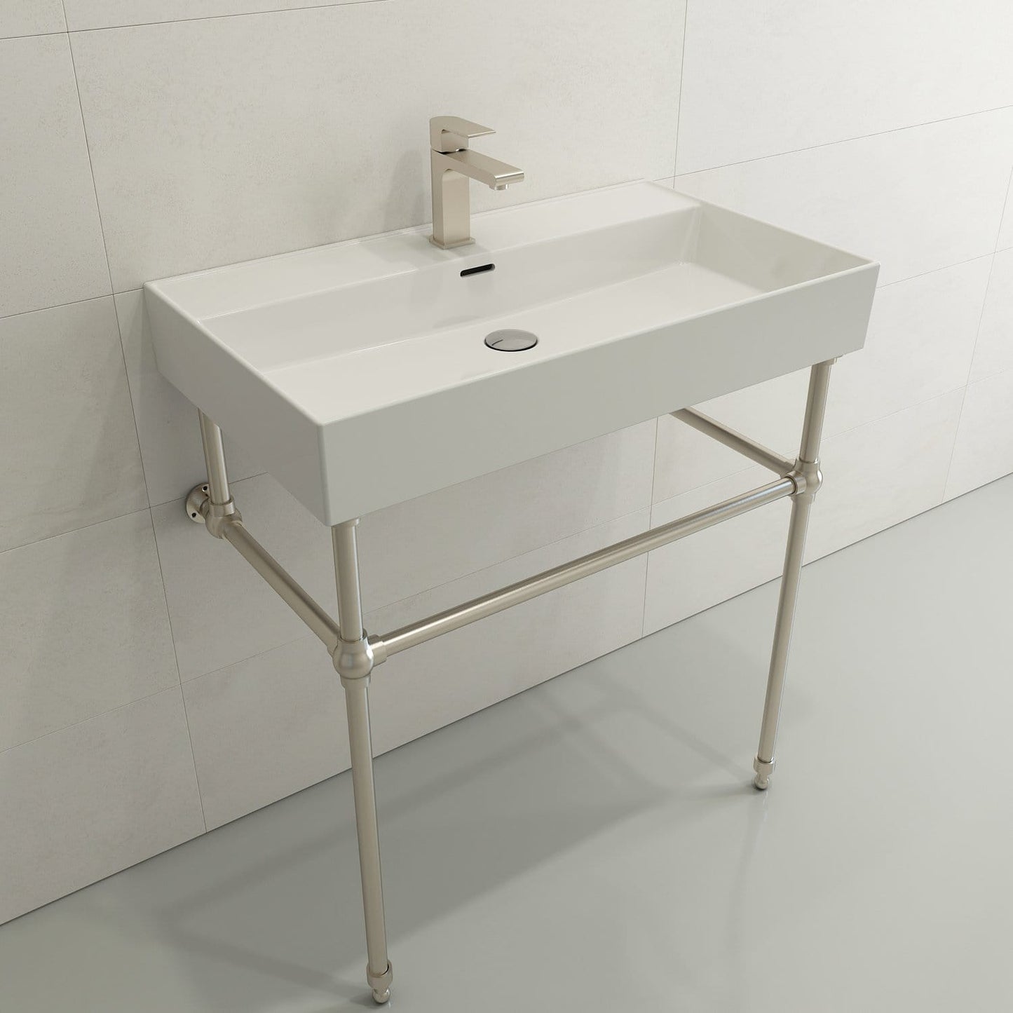 BOCCHI MILANO 32" Wall-Mounted Sink Fireclay 1-Hole With Overflow in a modern bathroom setting.