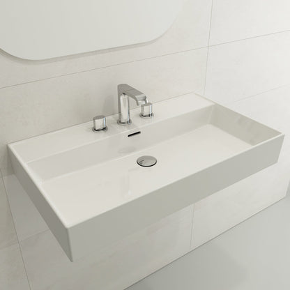 BOCCHI MILANO 32" Wall-Mounted Sink Fireclay 3-Hole With Overflow installed in a modern bathroom setting.