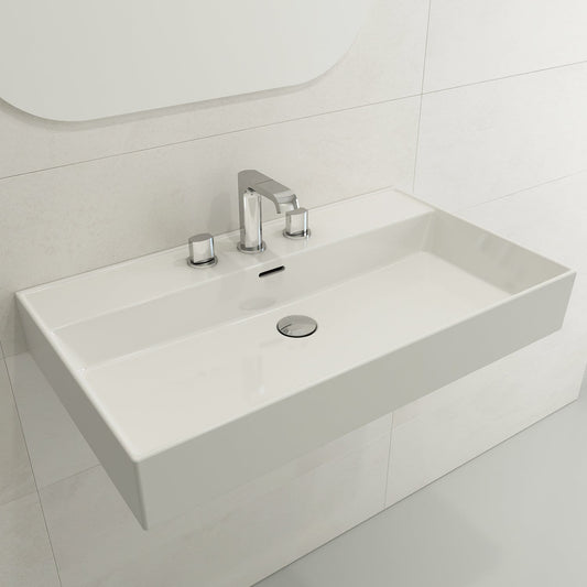 BOCCHI MILANO 32" Wall-Mounted Sink Fireclay 3-Hole With Overflow installed in a modern bathroom setting.