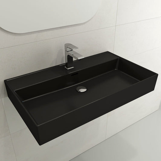 BOCCHI MILANO 32" Wall-Mounted Sink Fireclay 1-Hole With Overflow in modern black finish.