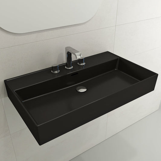 BOCCHI MILANO 32" Wall-Mounted Sink Fireclay 3-Hole With Overflow in black finish mounted on a bathroom wall.