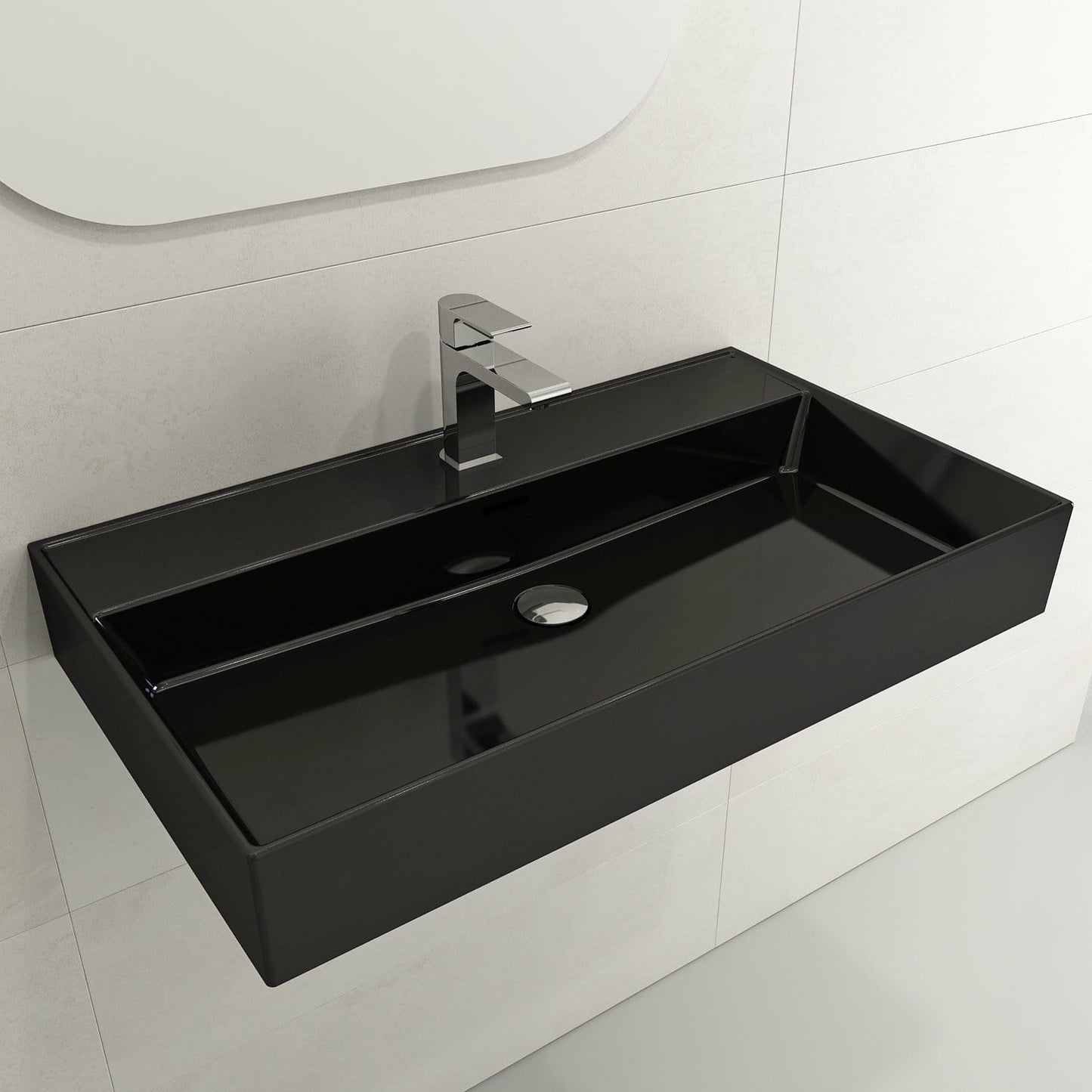 BOCCHI MILANO 32" Wall-Mounted Sink Fireclay 1-Hole With Overflow in elegant black finish