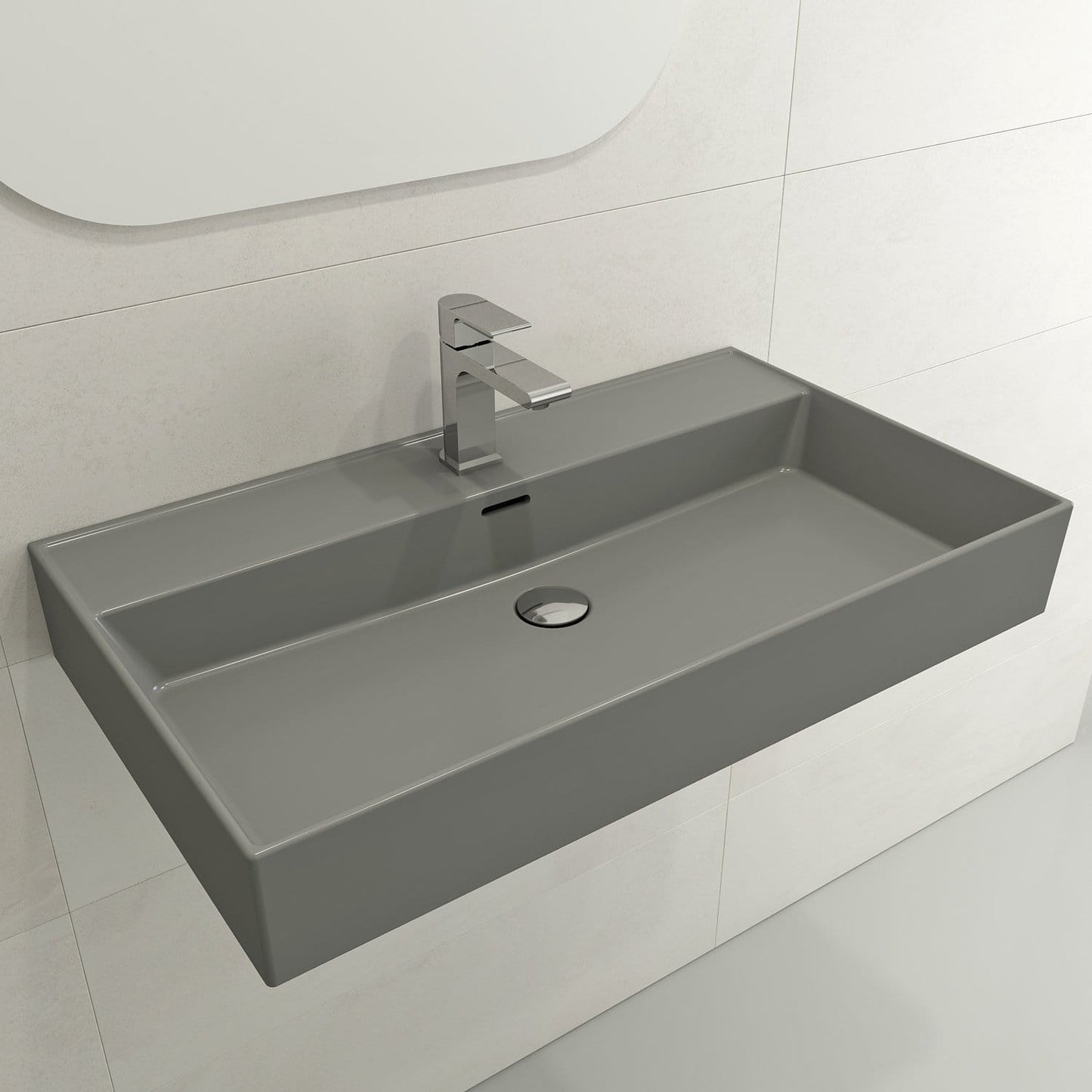 BOCCHI MILANO 32" Wall-Mounted Sink Fireclay 1-Hole With Overflow in a stylish gray finish.