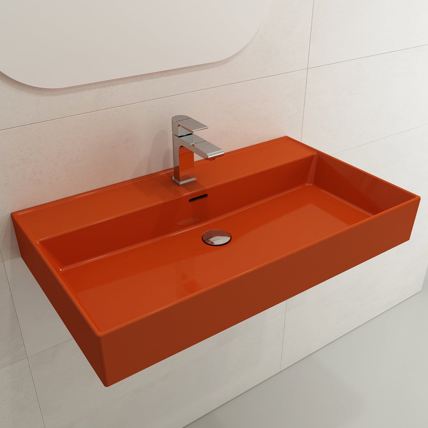 BOCCHI MILANO 32" Wall-Mounted Sink Fireclay 1-Hole With Overflow in vibrant orange color