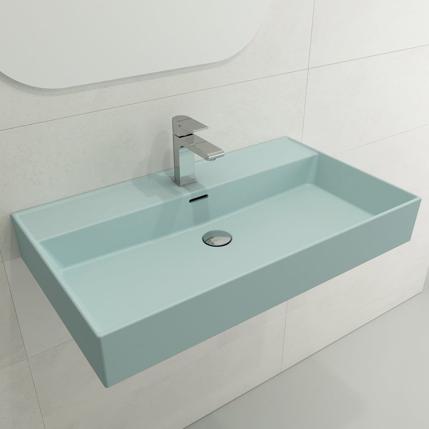 BOCCHI MILANO 32" Wall-Mounted Sink Fireclay 1-Hole With Overflow in a sleek bathroom setting.