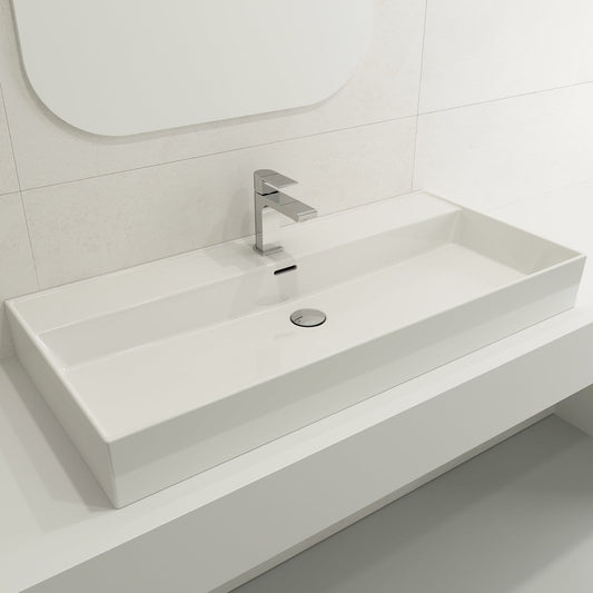 BOCCHI MILANO 39.75" Wall-Mounted Sink Fireclay 1-Hole With Overflow, modern design with sleek faucet and drain.