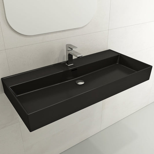 BOCCHI MILANO 39.75" Wall-Mounted Sink Fireclay 1-Hole With Overflow in sleek black finish on modern bathroom wall.