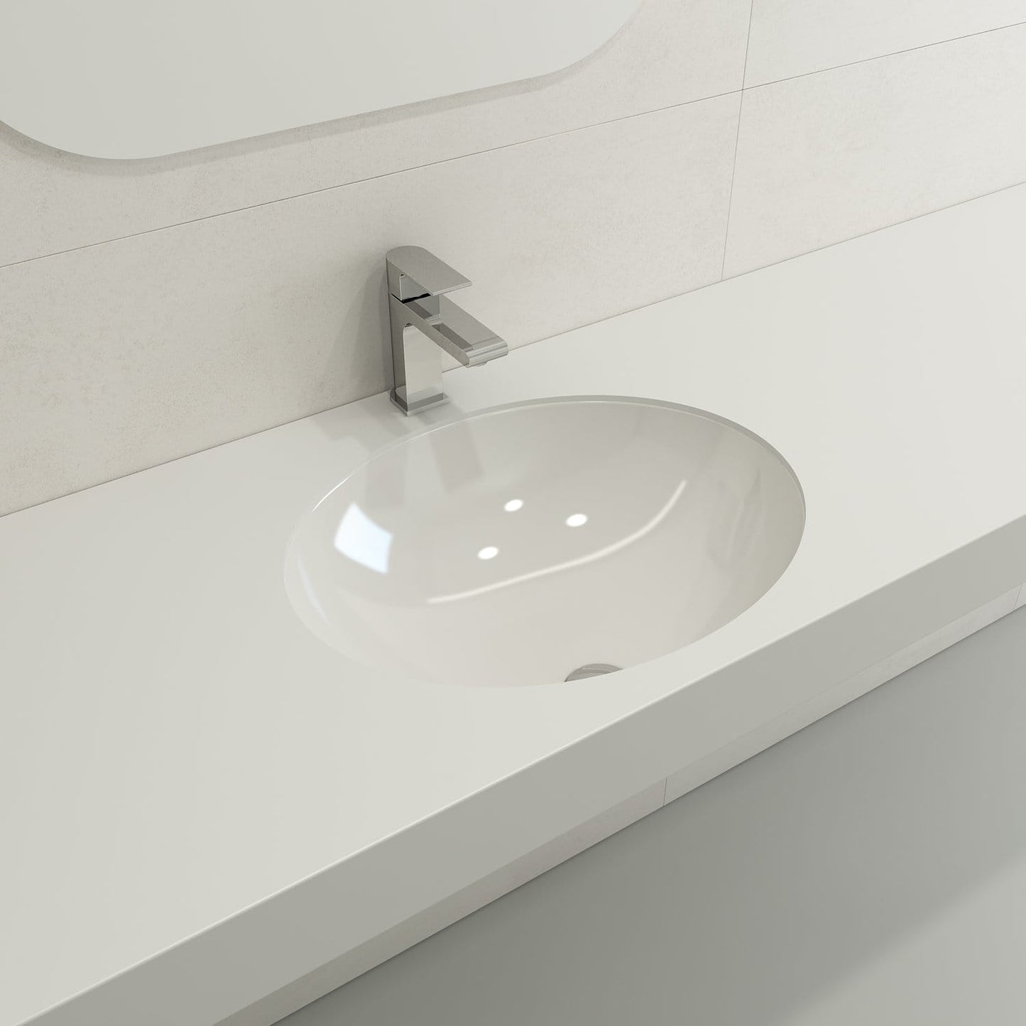 Close-up view of BOCCHI PARMA 22" Undermount Sink Fireclay With Overflow in classic oval design on a modern countertop.