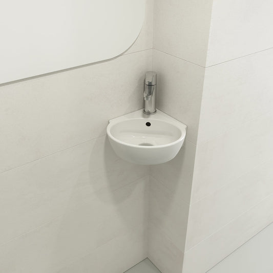 BOCCHI MILANO 12" Corner Sink Fireclay 1-Hole With Overflow in white, wall-hung corner view, perfect for small bathrooms.