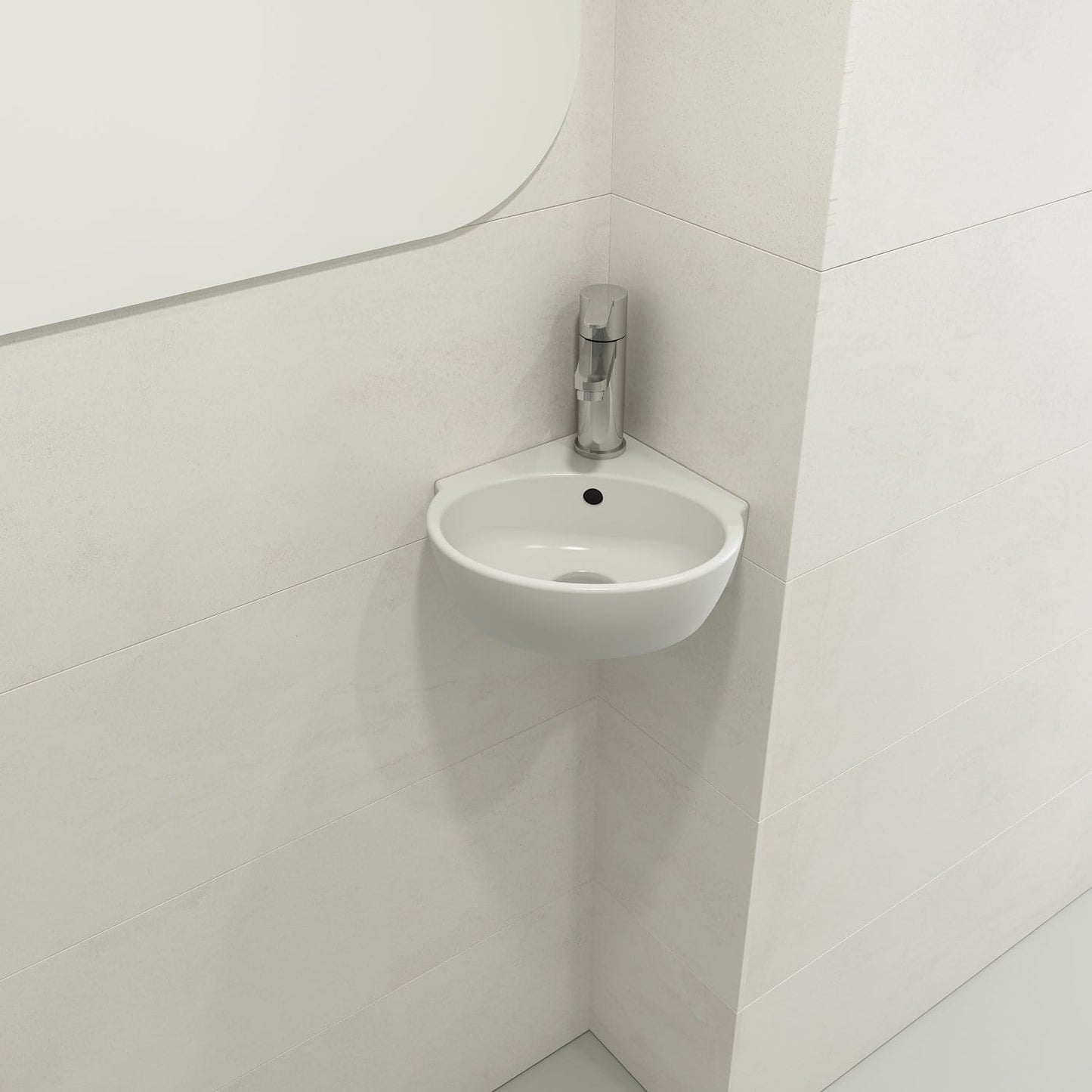 BOCCHI MILANO 12" Corner Sink Fireclay 1-Hole With Overflow in Matte White, elegantly displayed in a corner bathroom.