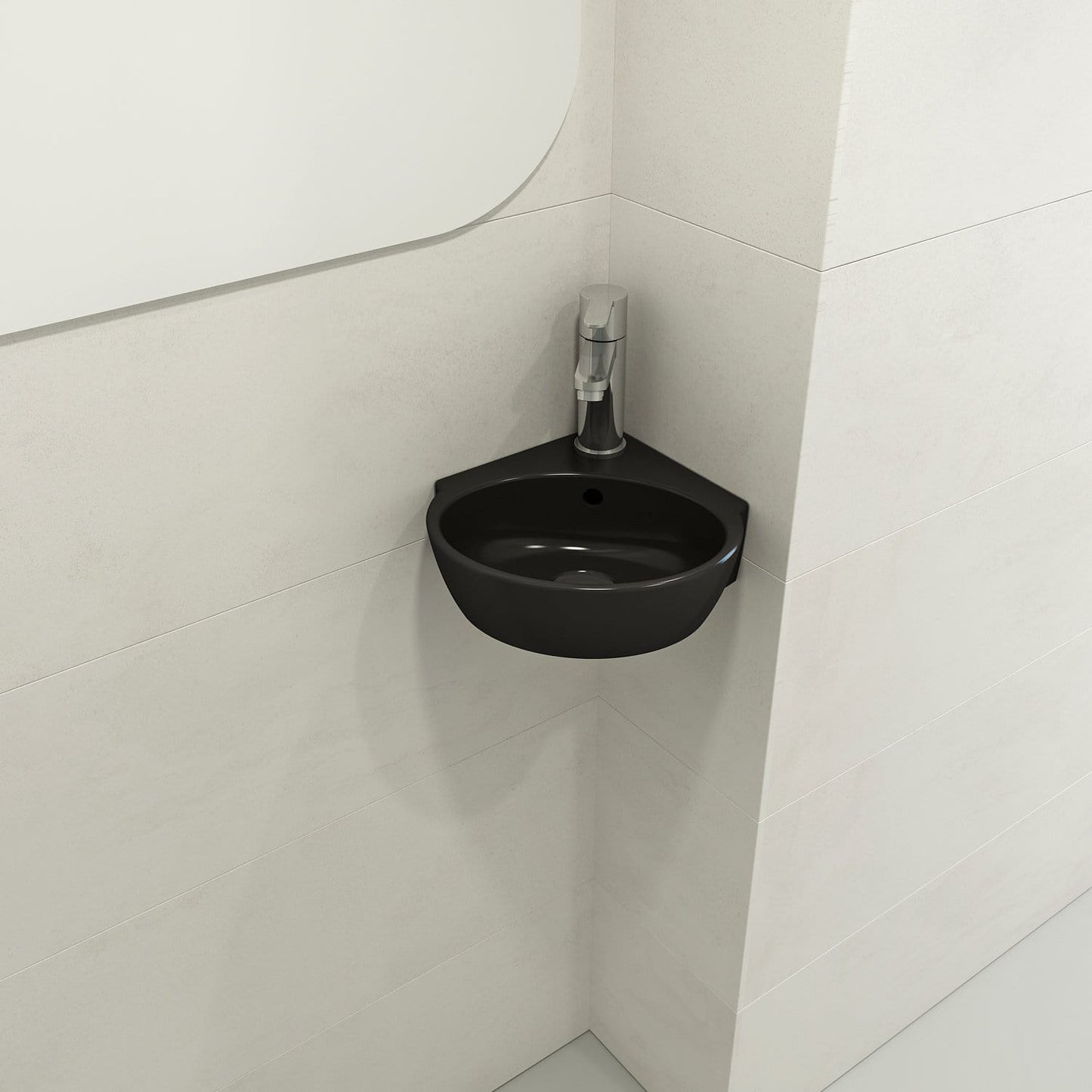 BOCCHI MILANO 12" Corner Sink Fireclay 1-Hole With Overflow in Matte Black, installed in a modern bathroom corner.