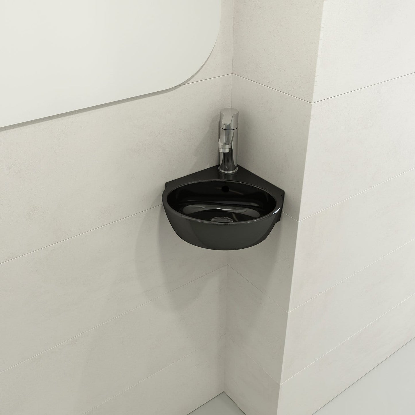 BOCCHI MILANO 12" Corner Sink Fireclay 1-Hole With Overflow in black, elegantly mounted in a corner, ideal for small bathrooms.