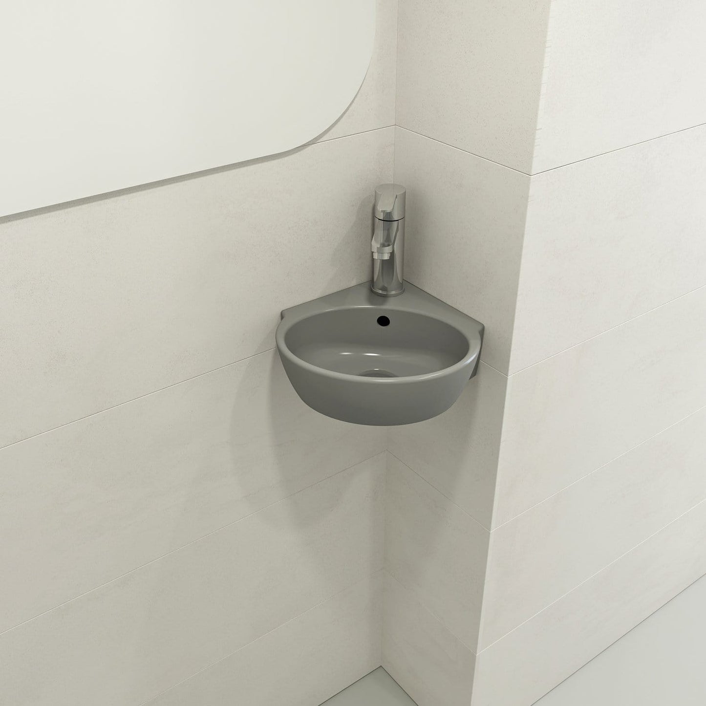 BOCCHI MILANO 12" Corner Sink Fireclay 1-Hole With Overflow in Matte Gray, showcasing space-saving corner design.