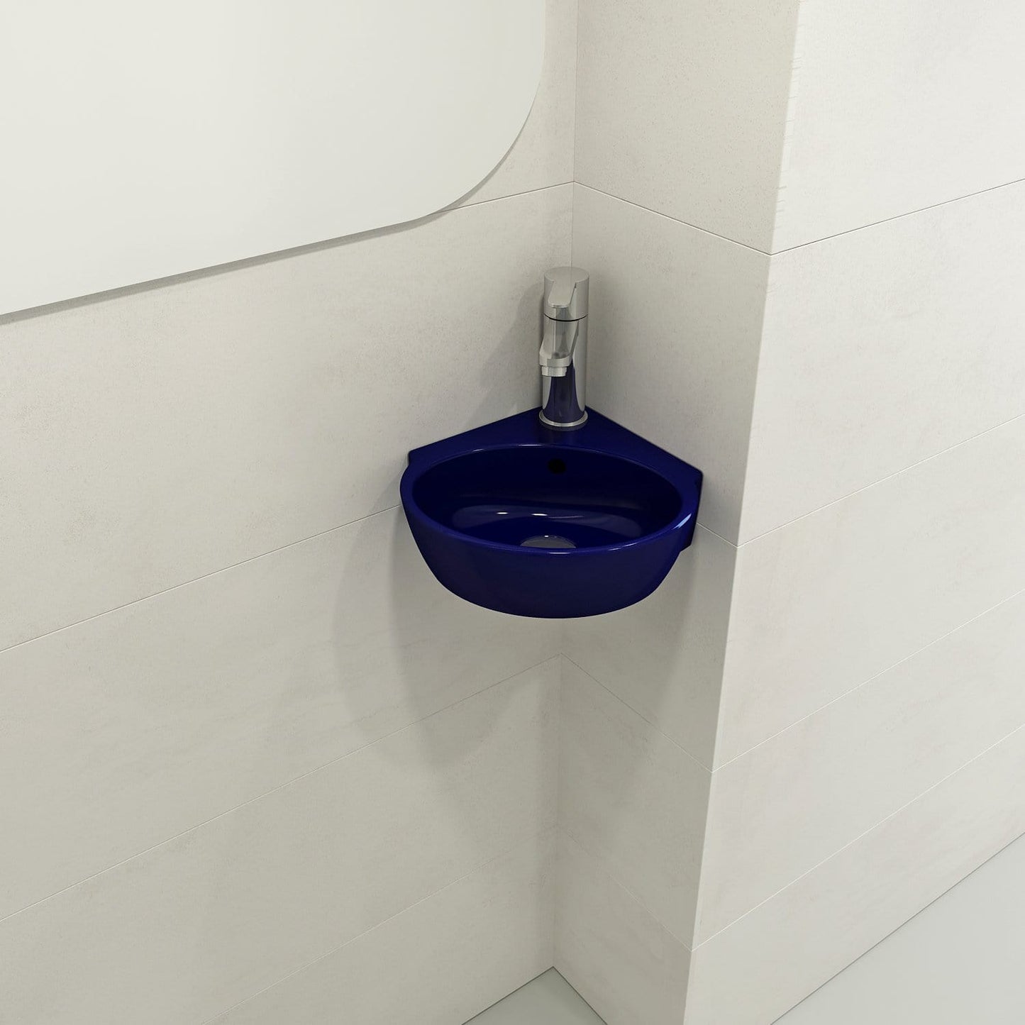 BOCCHI MILANO 12" Corner Sink Fireclay 1-Hole With Overflow in Sapphire Blue, showcased from a top angle against a light wall.