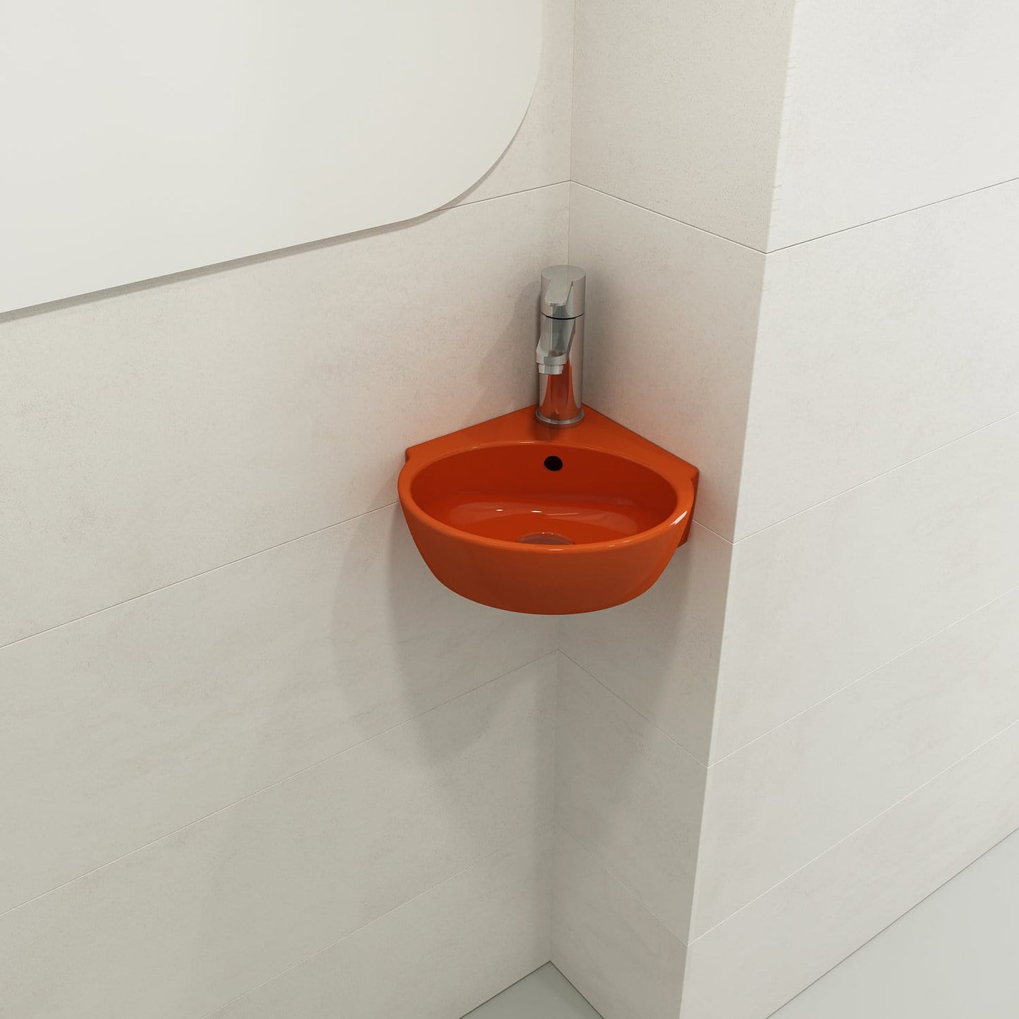 BOCCHI MILANO 12" Corner Sink Fireclay 1-Hole With Overflow in vibrant orange, sleek corner design with single faucet hole.