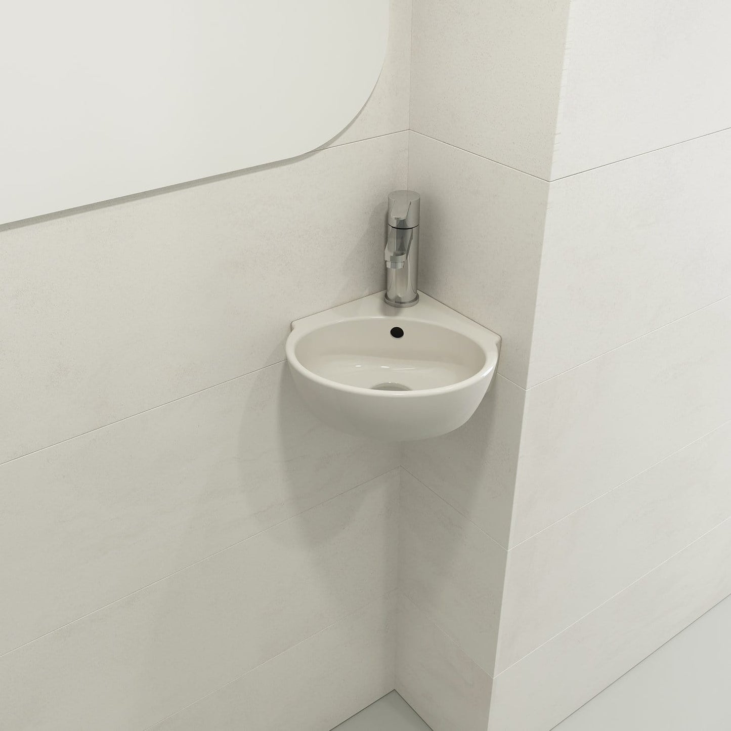 BOCCHI MILANO 12" Corner Sink Fireclay 1-Hole With Overflow in biscuit color, elegantly set in a modern bathroom corner.