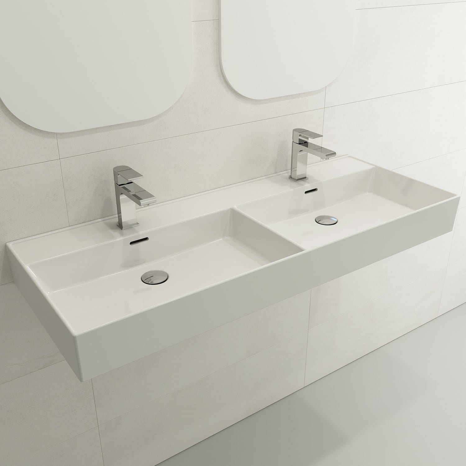 BOCCHI MILANO 47.75" Wall-Mounted Sink Fireclay Double Bowl For Two 1-Hole Faucets With Overflows
