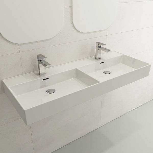 BOCCHI MILANO 47.75 Wall-Mounted Sink Fireclay Double Bowl For Two 1-Hole Faucets With Overflows