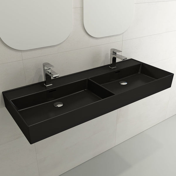 BOCCHI MILANO 47.75 Wall-Mounted Sink Fireclay Double Bowl For Two 1-Hole Faucets With Overflows