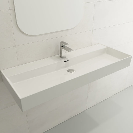 BOCCHI MILANO 47.75" Wall-Mounted Sink Fireclay 1-Hole With Overflow displayed on a modern bathroom wall.