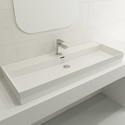 BOCCHI MILANO 47.75" Wall-Mounted Sink Fireclay 1-Hole With Overflow on white countertop.