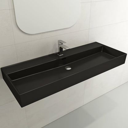 BOCCHI MILANO 47.75" Wall-Mounted Sink Fireclay 1-Hole With Overflow in black finish mounted on a wall.