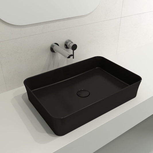 BOCCHI SOTTILE 21.5" Rectangle Vessel Fireclay With Matching Drain Cover in matte black, top view on a modern countertop.