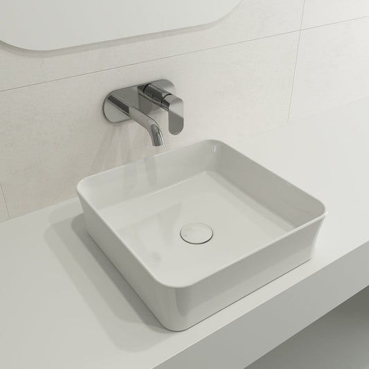 Left side view of BOCCHI SOTTILE 15.25" Square Vessel Fireclay with Matching Drain Cover in white, featuring modern faucet.