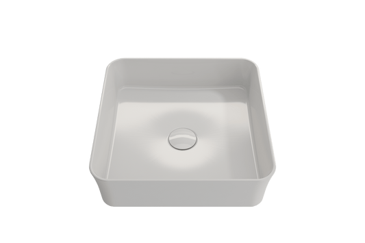 Top view of BOCCHI SOTTILE 15.25" Square Vessel Fireclay with Matching Drain Cover in white finish.