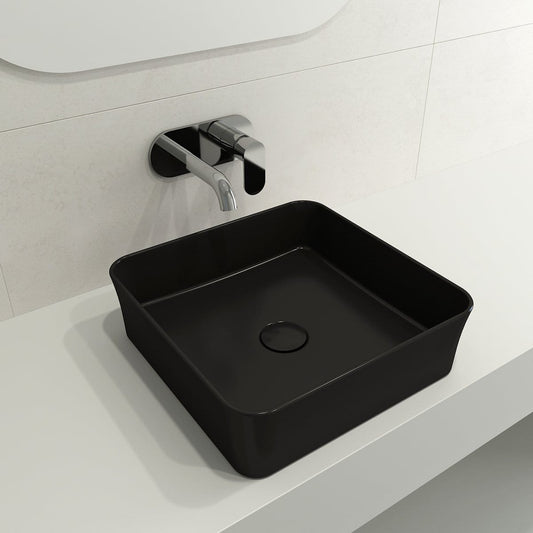 BOCCHI SOTTILE 15.25" Square Vessel Fireclay with Matching Drain Cover, left side view, matte black finish.