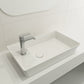 Close-up view of BOCCHI SOTTILE 23.5" Rectangle Vessel Fireclay 1-Hole Faucet Deck with Matching Drain Cover in white
