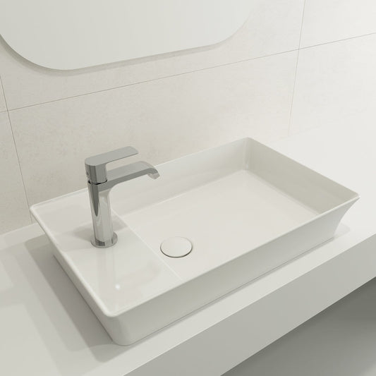 Close-up view of BOCCHI SOTTILE 23.5" Rectangle Vessel Fireclay 1-Hole Faucet Deck with Matching Drain Cover in white