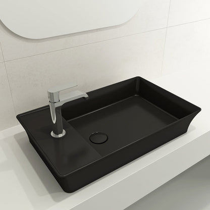 BOCCHI SOTTILE 23.5" Rectangle Vessel Fireclay 1-Hole Faucet Deck with Matching Drain Cover, top view brushed chrome faucet, matte black sink.