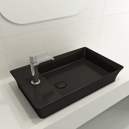 BOCCHI SOTTILE 23.5" Rectangle Vessel Fireclay 1-Hole Faucet Deck with Matching Drain Cover, top view brushed chrome faucet, matte black sink.