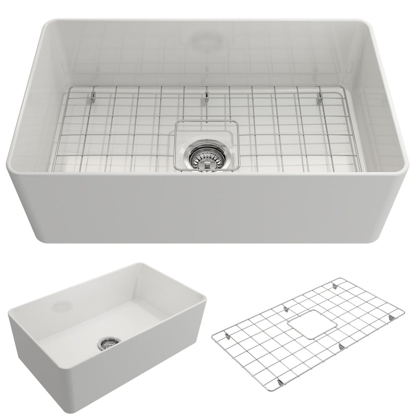 BOCCHI ADERCI FORTE 30" Ultra-Slim Farmhouse Fireclay Single Bowl Kitchen Sink top view with grid.