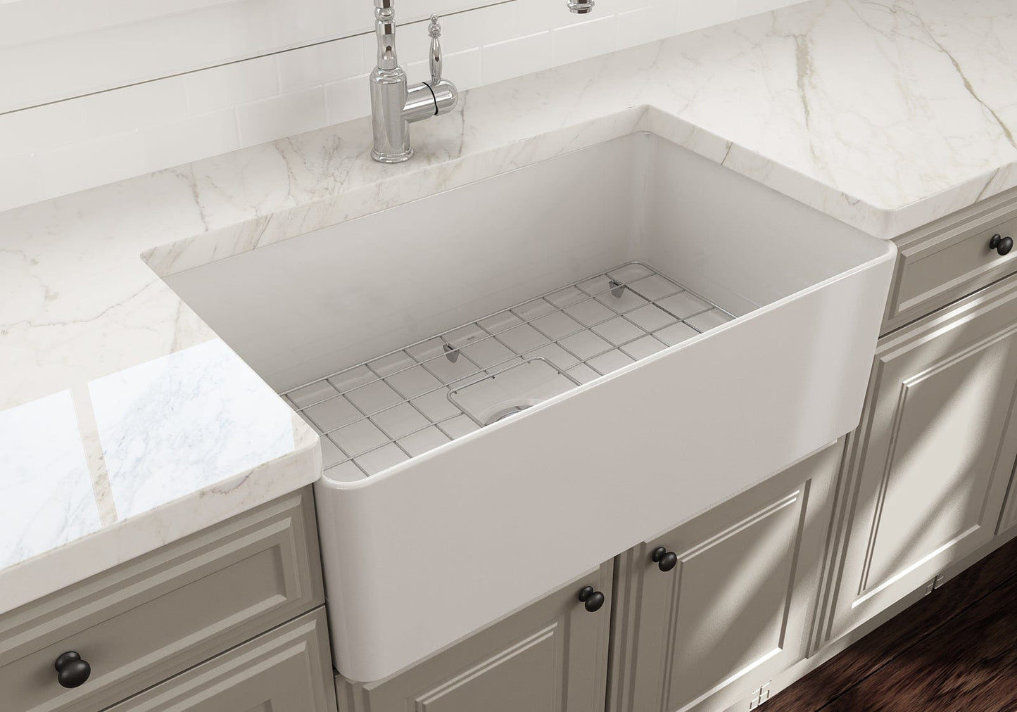BOCCHI ADERCI FORTE 30" Ultra-Slim Farmhouse Fireclay Single Bowl Kitchen Sink top right view with marble countertop.